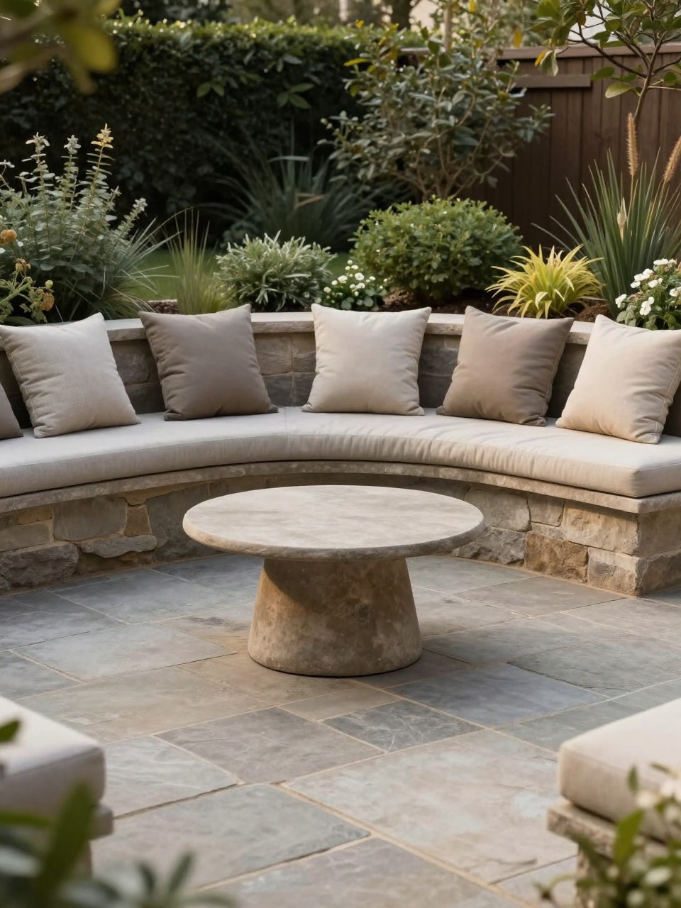 Image Prompt: A refined backyard flagstone patio with a built-in curved stone bench along one edge, neutral outdoor cushions, small round coffee table, natural flagstone floor, layered garden planting, soft warm light, elegant rustic outdoor seating area, no people, realistic DSLR image, no text, no watermarks on images.