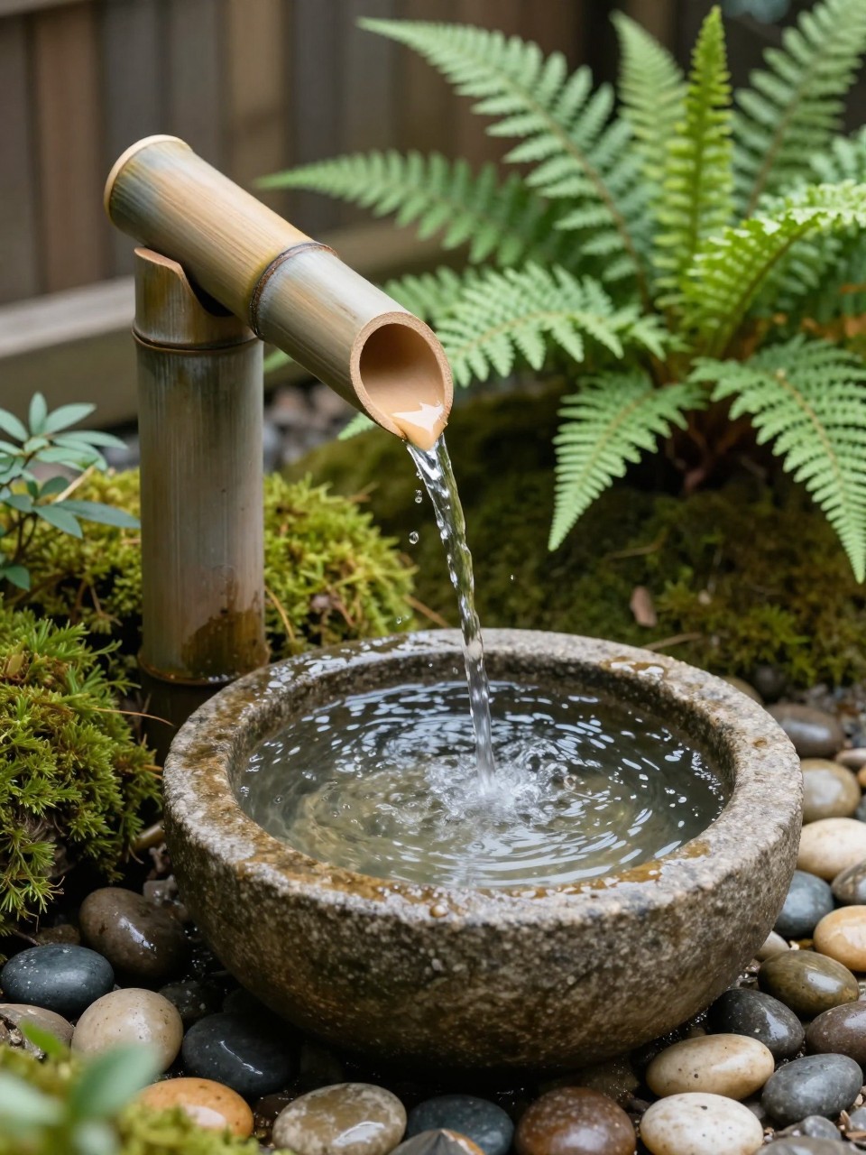 Image Prompt: A peaceful homemade bamboo spout waterfall in a small garden basin, water pouring from bamboo into a stone bowl, moss, ferns, smooth pebbles, Japanese-inspired garden styling, calm and simple outdoor setting, realistic DSLR photo quality, no people, no watermarks on images.