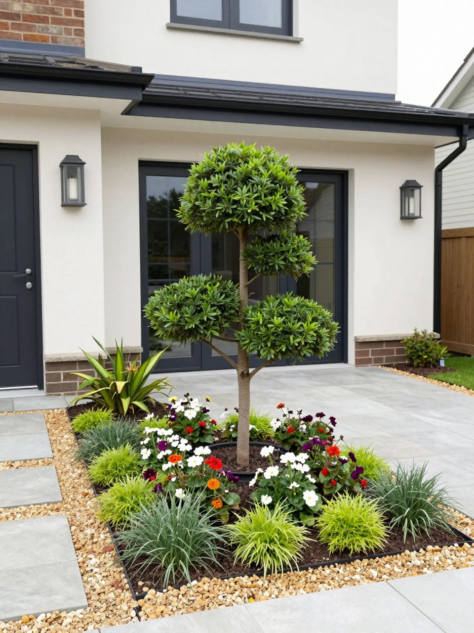 Image Prompt: A compact front garden with a small ornamental tree, underplanted with low flowers and ground cover, neat gravel border, modern cottage home exterior, elegant curb appeal styling, realistic DSLR photo quality, no people, no watermarks on images.