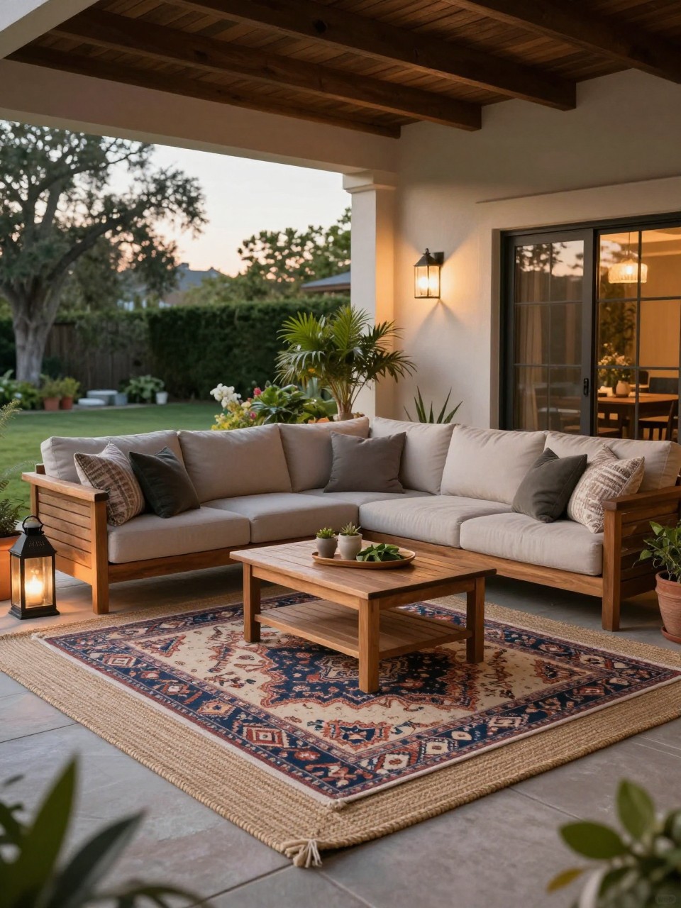 Image Prompt: A cozy covered patio with layered outdoor rugs, one large natural woven-look rug underneath and a smaller patterned rug on top, outdoor sectional sofa, wooden coffee table, lanterns, potted plants, soft evening glow, warm layered backyard lounge design, no people, realistic editorial home photo, no text, no watermarks on images.