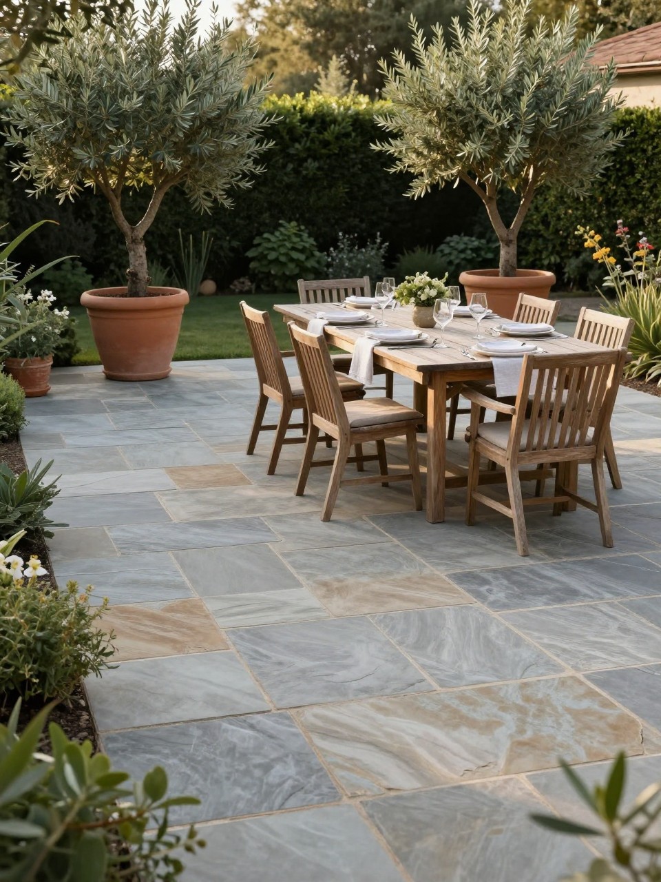 Image Prompt: A gorgeous backyard flagstone patio with natural irregular stone slabs in soft gray and tan tones, wooden outdoor dining table with six chairs, potted olive trees, simple linen table setting, lush garden border, warm late afternoon light, elegant but relaxed outdoor dining space, no people, realistic DSLR photo, editorial home and garden style, high detail, no text, no watermarks on images.