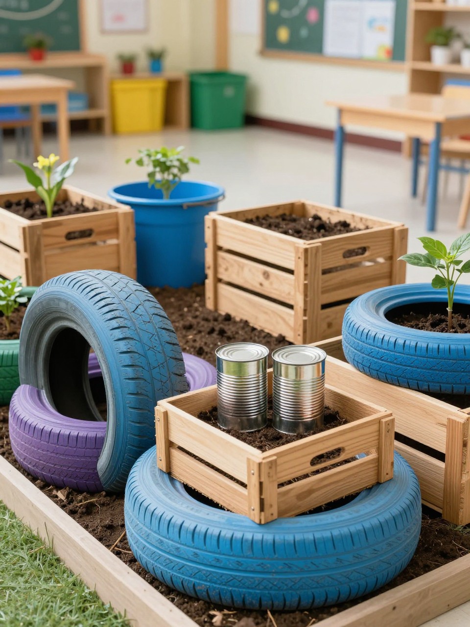 Image Prompt: A clever school garden using recycled containers like painted tires, wooden crates, tin cans, and repurposed buckets as planters, colorful and creative setup, eco-friendly school project style, realistic DSLR photo quality, no watermarks on images.
