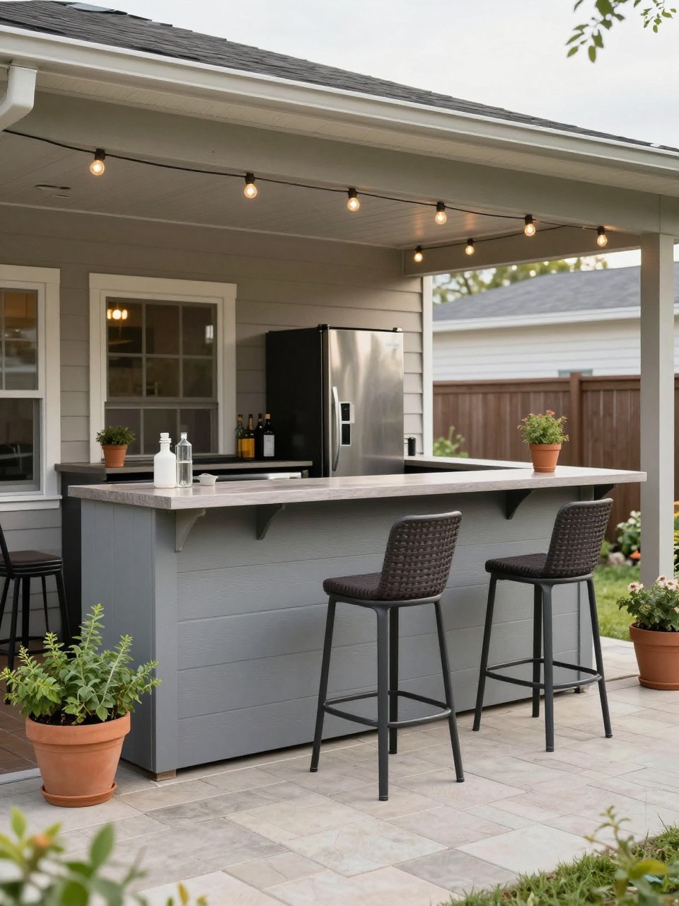 Image Prompt: A fun under deck patio with a small outdoor bar counter against the house wall, two bar stools, mini fridge area, string lights under the deck ceiling, paver floor, potted herbs, relaxed backyard entertaining setup, no people, realistic DSLR photo, no text, no watermarks on images.