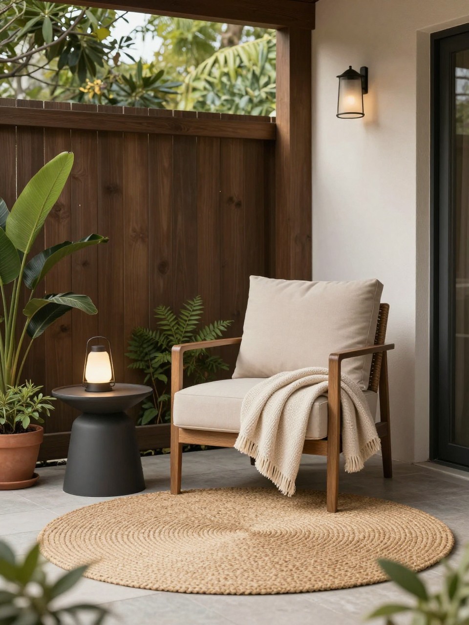 Image Prompt: A peaceful under deck patio reading nook with a cushioned outdoor armchair, small side table, outdoor floor lamp, woven rug, potted plants, soft throw blanket, shaded quiet backyard corner, no people, realistic DSLR image, no text, no watermarks on images.