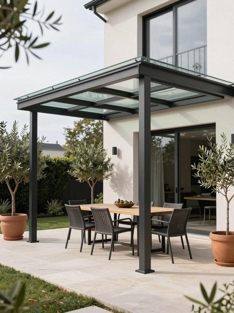 Image Prompt: A stylish modern patio with a glass roof extension attached to a contemporary home, slim black metal frame, outdoor dining table underneath, light stone flooring, potted olive trees, soft daylight filtering through the glass panels, bright airy backyard design, no people, photorealistic DSLR image, no text, no watermarks on images.