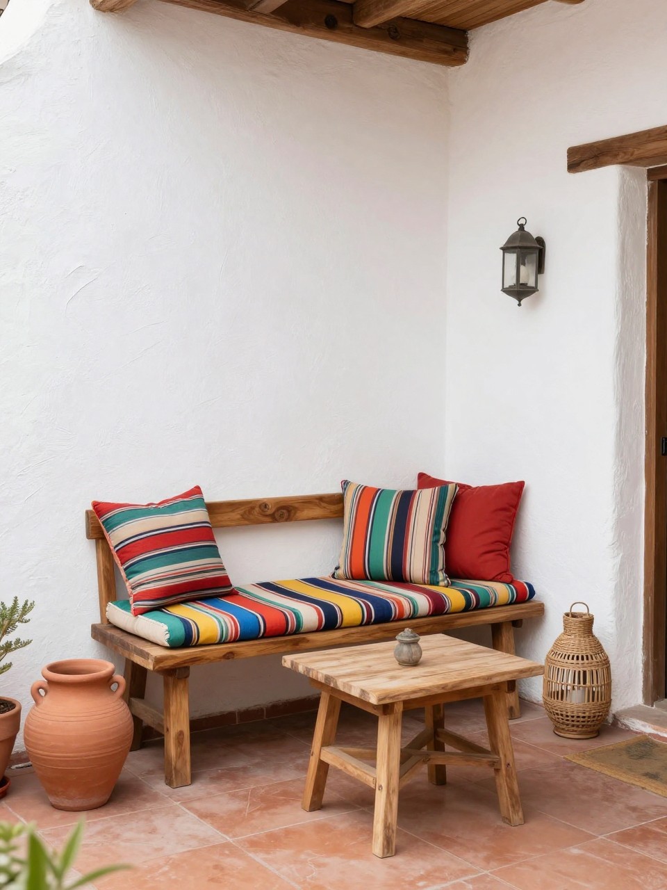 Image Prompt: A cozy small Mexican patio with a simple wooden bench, colorful striped cushions and throw pillows, clay pots, white stucco wall, small bistro table, woven lantern, terracotta floor, compact but charming outdoor nook, no people, realistic DSLR image, no text, (no watermarks on images)