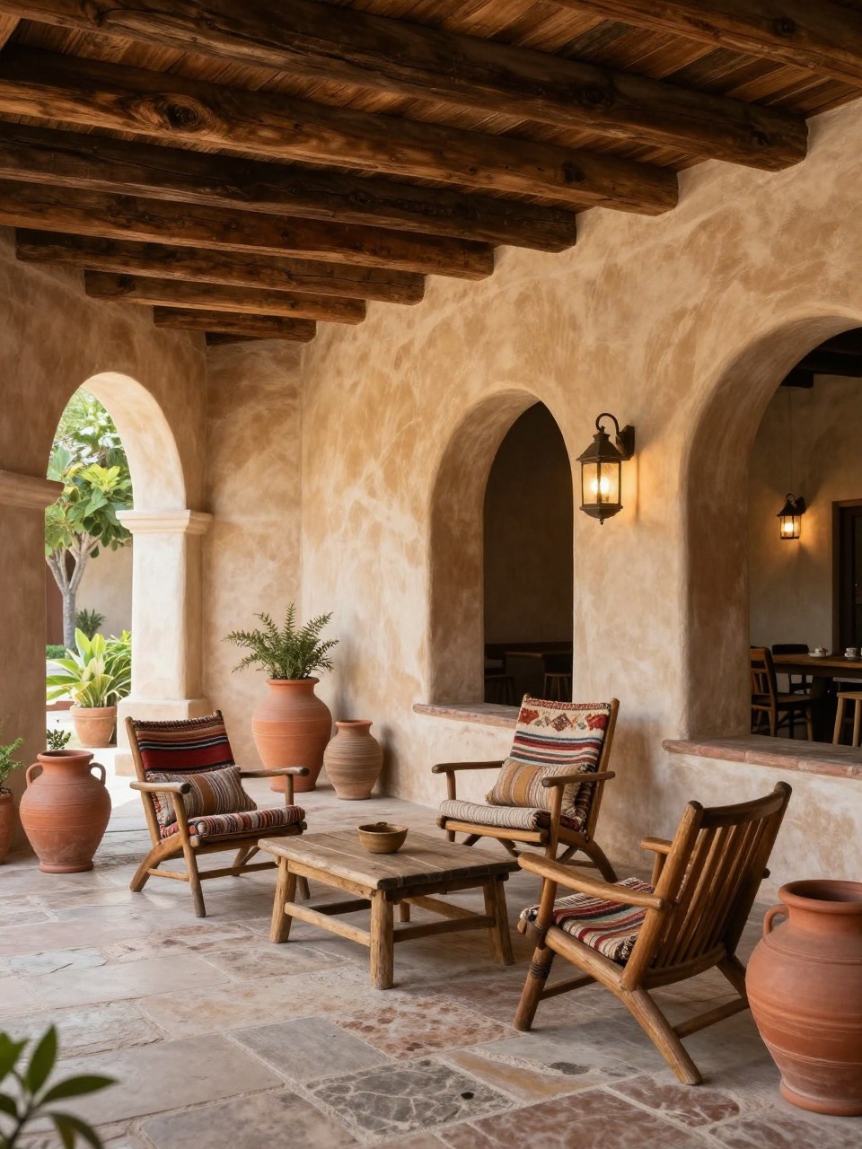 Image Prompt: A lovely Mexican-style veranda patio with arched openings, exposed wooden beams, natural stone floor, rustic wooden chairs, woven textiles, clay pots, lantern lighting, warm earthy palette, elegant old-world backyard design, no people, realistic DSLR photo, no text, (no watermarks on images)