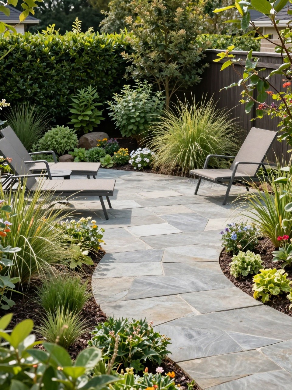 Image Prompt: A stunning backyard flagstone patio surrounded by layered garden borders with shrubs, ornamental grasses, flowering plants, natural irregular stone floor, simple lounge chairs, small side table, lush and polished outdoor retreat, bright afternoon light, no people, realistic editorial garden photo, no text, no watermarks on images.