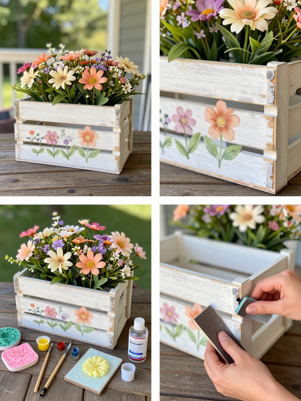 A realistic editorial 2x2 collage grid showing a DIY summer flower crate wooden sign, top-left finished small painted wooden crate with floral details and filled with faux summer flowers on a porch table, top-right close-up of painted flower detail, crate slats, and distressed edges, bottom-left flat lay of small wooden crate, outdoor paint, brushes, sandpaper, faux flowers, floral foam, and clear sealer, bottom-right cropped hands distressing the painted crate edge with sandpaper, rustic summer porch display styling, no faces, no text, no watermark on images.
