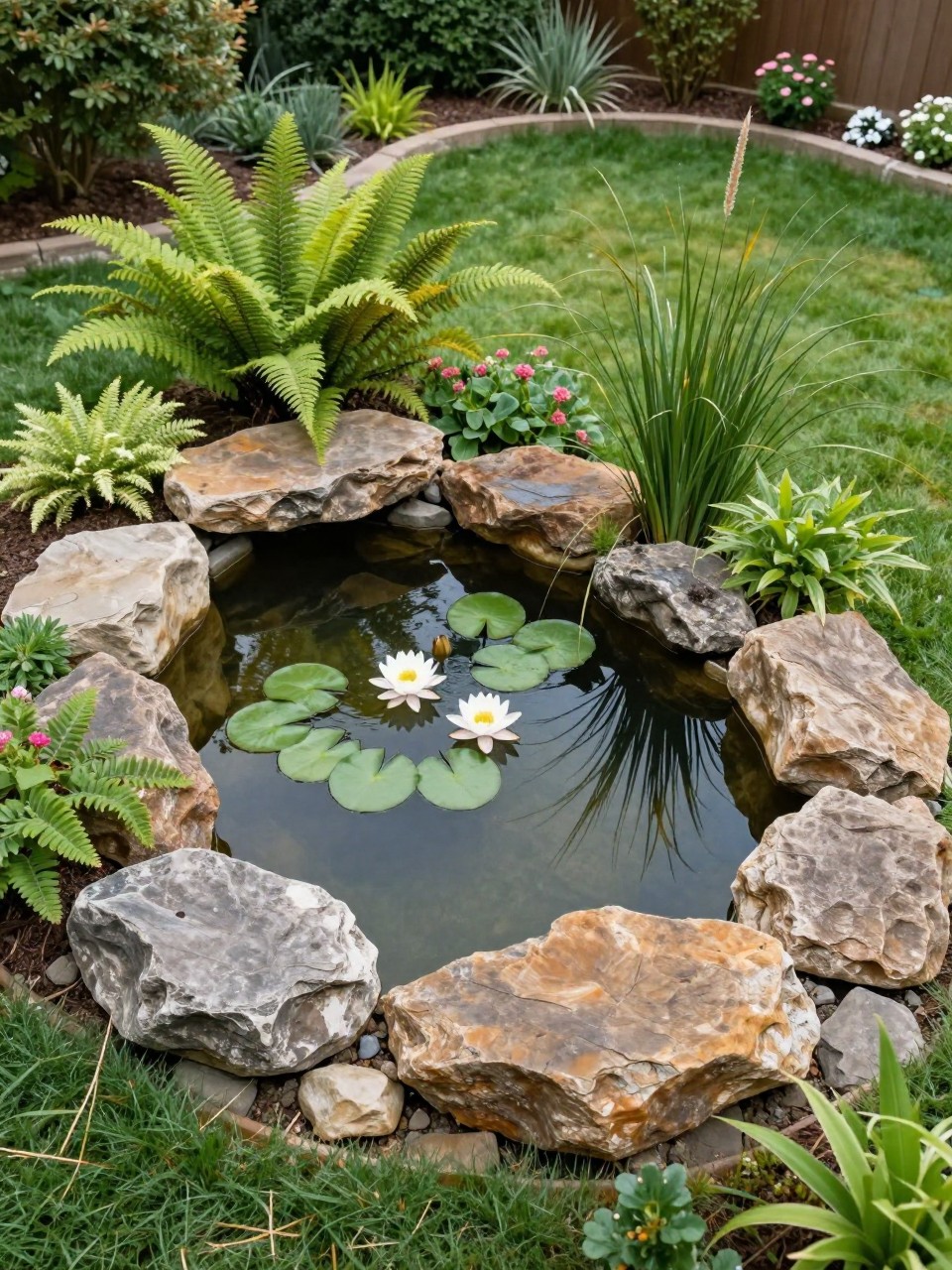 Image Prompt: A beautiful DIY backyard pond with natural rock edging, clear water, water lilies, ferns, ornamental grasses, soft flowering plants, curved garden border, lush green backyard setting, peaceful natural landscape design, realistic DSLR photo quality, no people, no watermarks on images.
