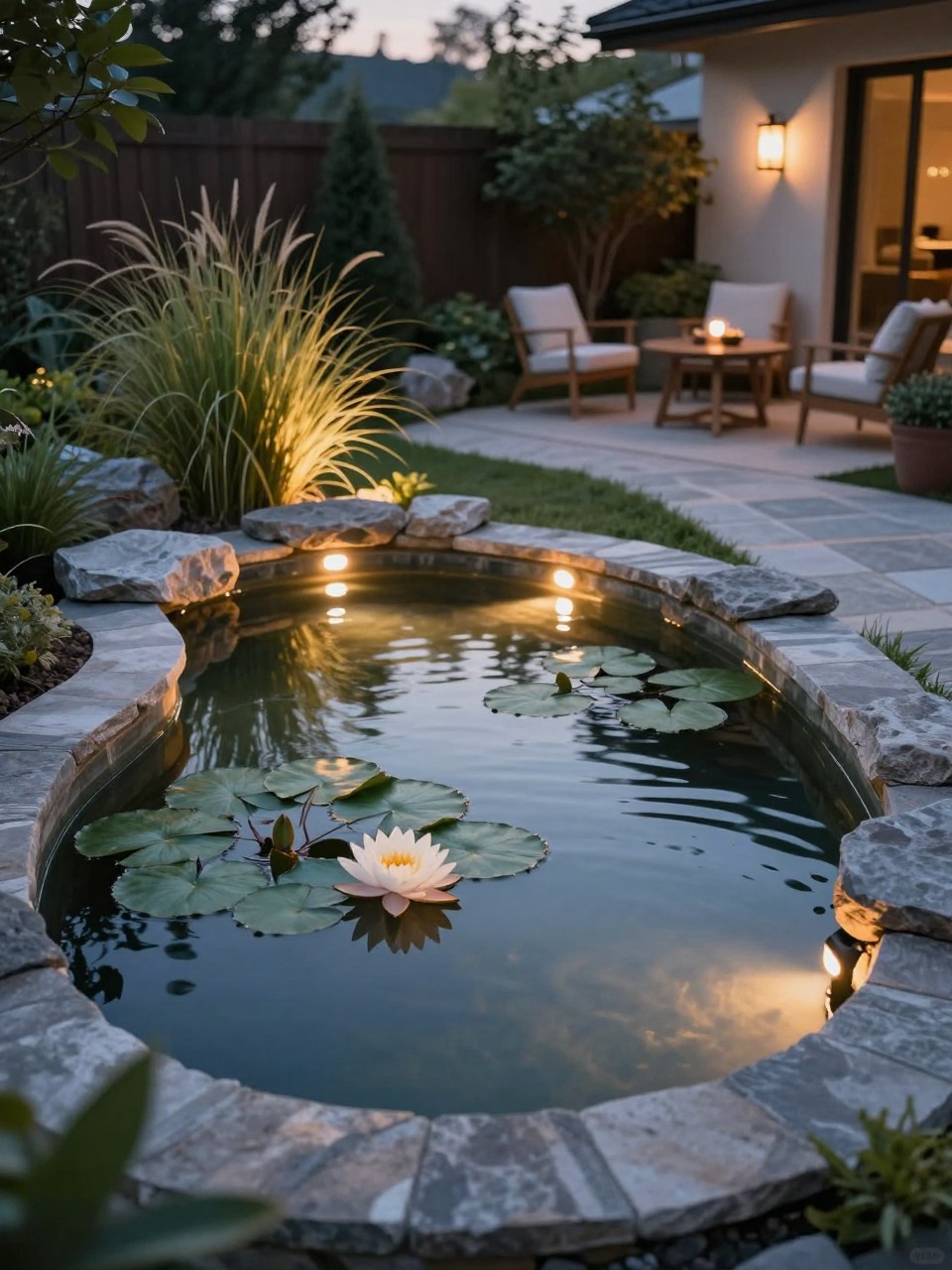 Image Prompt: A stunning DIY backyard pond at dusk with soft warm lights around the water edge, gentle reflections, water lilies, stone path, ornamental grasses, cozy seating in the background, elegant evening garden design, realistic DSLR photo quality, no people, no watermarks on images.