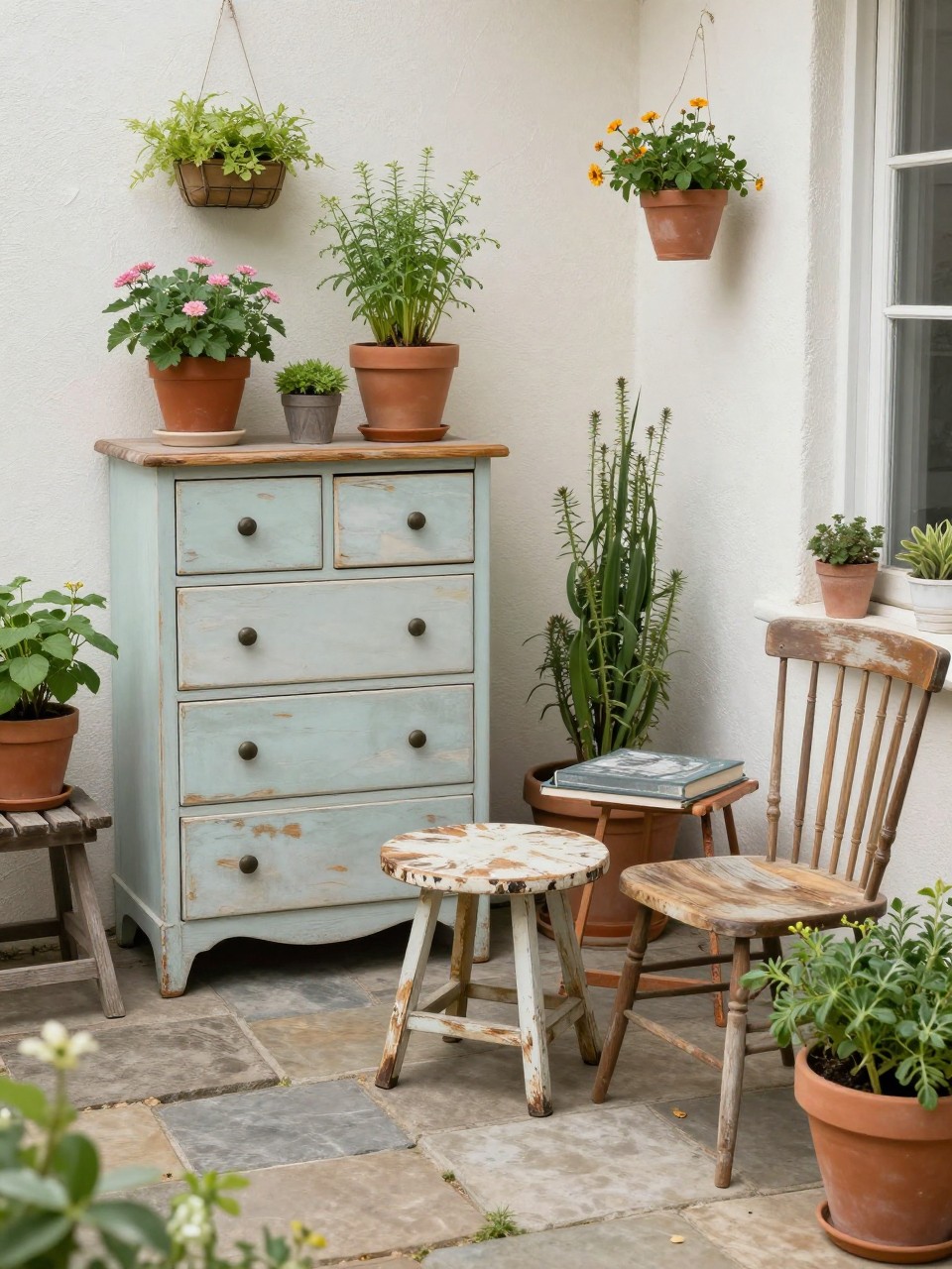 Image Prompt: A creative vintage patio with repurposed furniture, an old painted dresser used as a plant stand, mismatched chairs, small weathered table, potted herbs and flowers, stone patio floor, cozy thrifted garden decor style, no people, realistic DSLR image, no text, no watermarks on images.