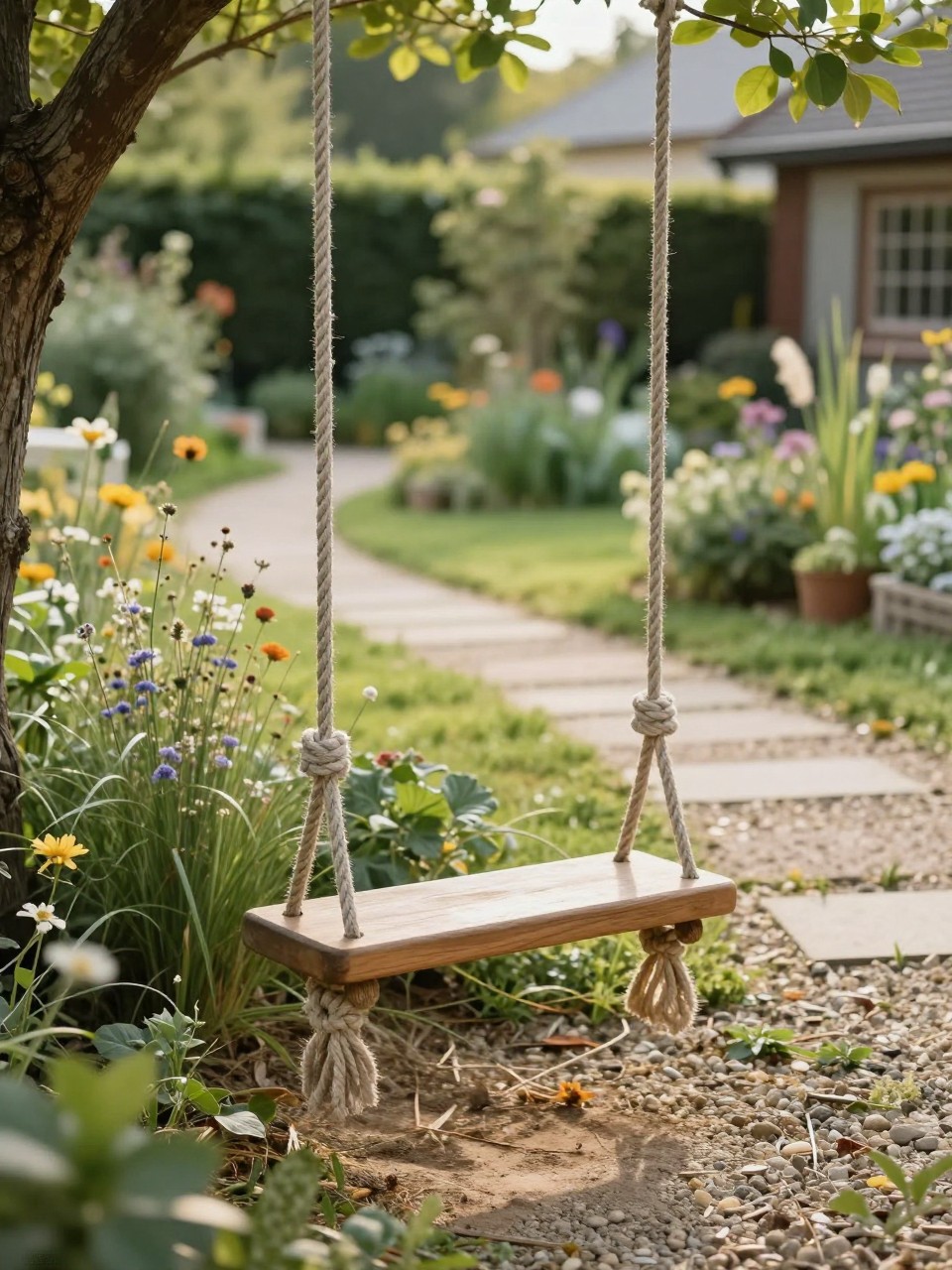 Image Prompt: A rustic backyard rope swing with a simple wooden seat, hanging from a tree near a curved garden path, wildflowers, soft grasses, gravel walkway, natural cottage-style backyard setting, warm afternoon light, realistic DSLR photo quality, no people, no watermarks on images.