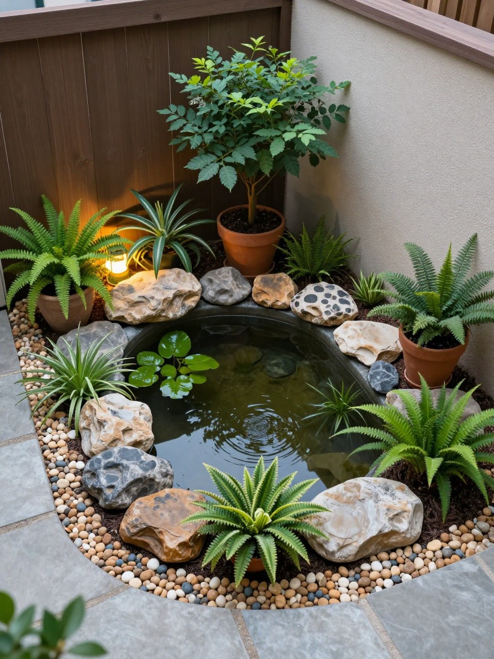 Image Prompt: A compact backyard corner pond with a pebble border, small rocks, water plants, potted greenery, ferns, soft outdoor lighting, cozy small garden corner design, realistic DSLR photo quality, no people, no watermarks on images.