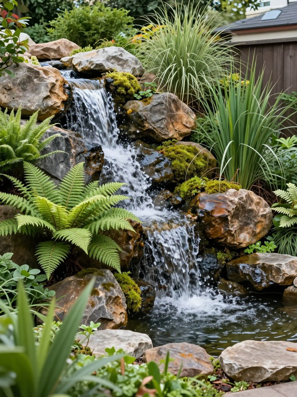 Image Prompt: A stunning slanted backyard with a cascading waterfall flowing down natural rocks along the slope, small pond at the bottom, ferns, moss, ornamental grasses, lush greenery, peaceful premium garden feature, realistic DSLR photo quality, no people, no watermarks on images.
