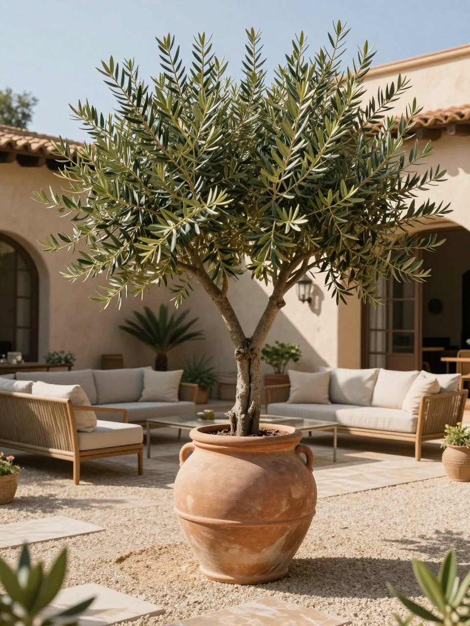 Image Prompt: A beautiful patio with a mature olive tree planted in a large rustic clay pot, surrounded by neutral outdoor seating, gravel and stone flooring, Mediterranean-inspired home garden styling, warm sunlight, premium and serene atmosphere, realistic DSLR photo quality, no people, no watermarks on images.