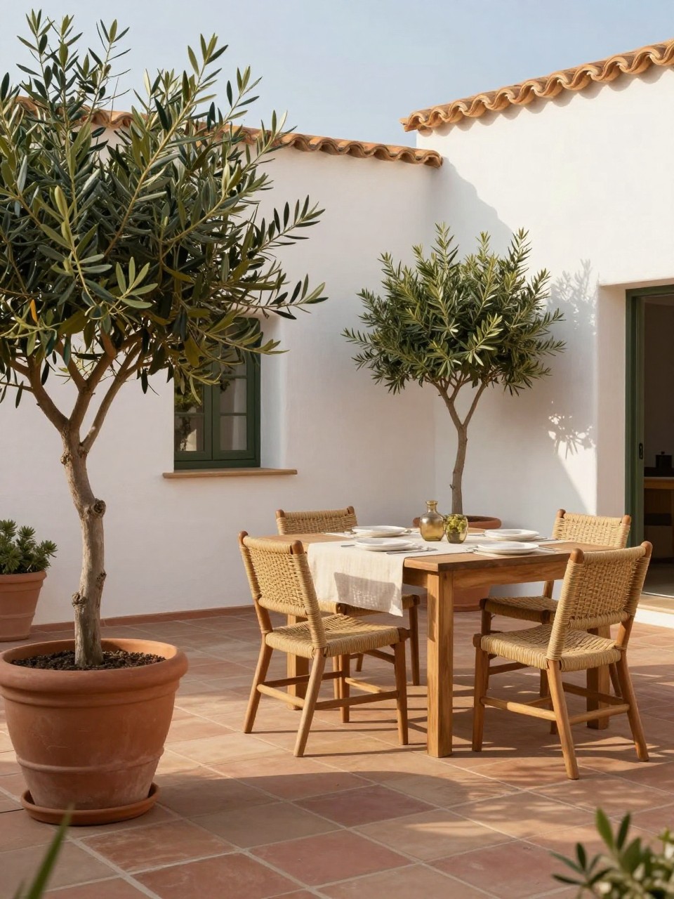 Image Prompt: A stylish Mediterranean patio with warm terracotta tile flooring, large potted olive trees in clay pots, simple wooden outdoor dining table, woven dining chairs, white stucco wall, soft linen table runner, golden afternoon sunlight, calm villa-style outdoor setting, no people, realistic DSLR photo, editorial home and garden style, high detail, no text, no watermarks on images.