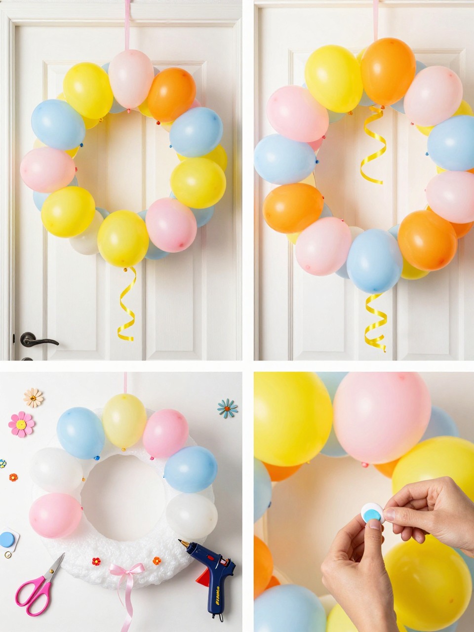 A realistic editorial 2x2 collage grid showing a summer balloon wreath, top-left finished wreath on a party door with small balloons in yellow, pink, blue, orange, and white attached around a wreath form, top-right close-up of balloon texture and ribbon curls, bottom-left flat lay of foam wreath base, small balloons, floral pins, ribbon, scissors, and hot glue gun, bottom-right cropped hands pinning balloons into the wreath form, bright summer party decor setting, no faces, no text, no watermark on images.
