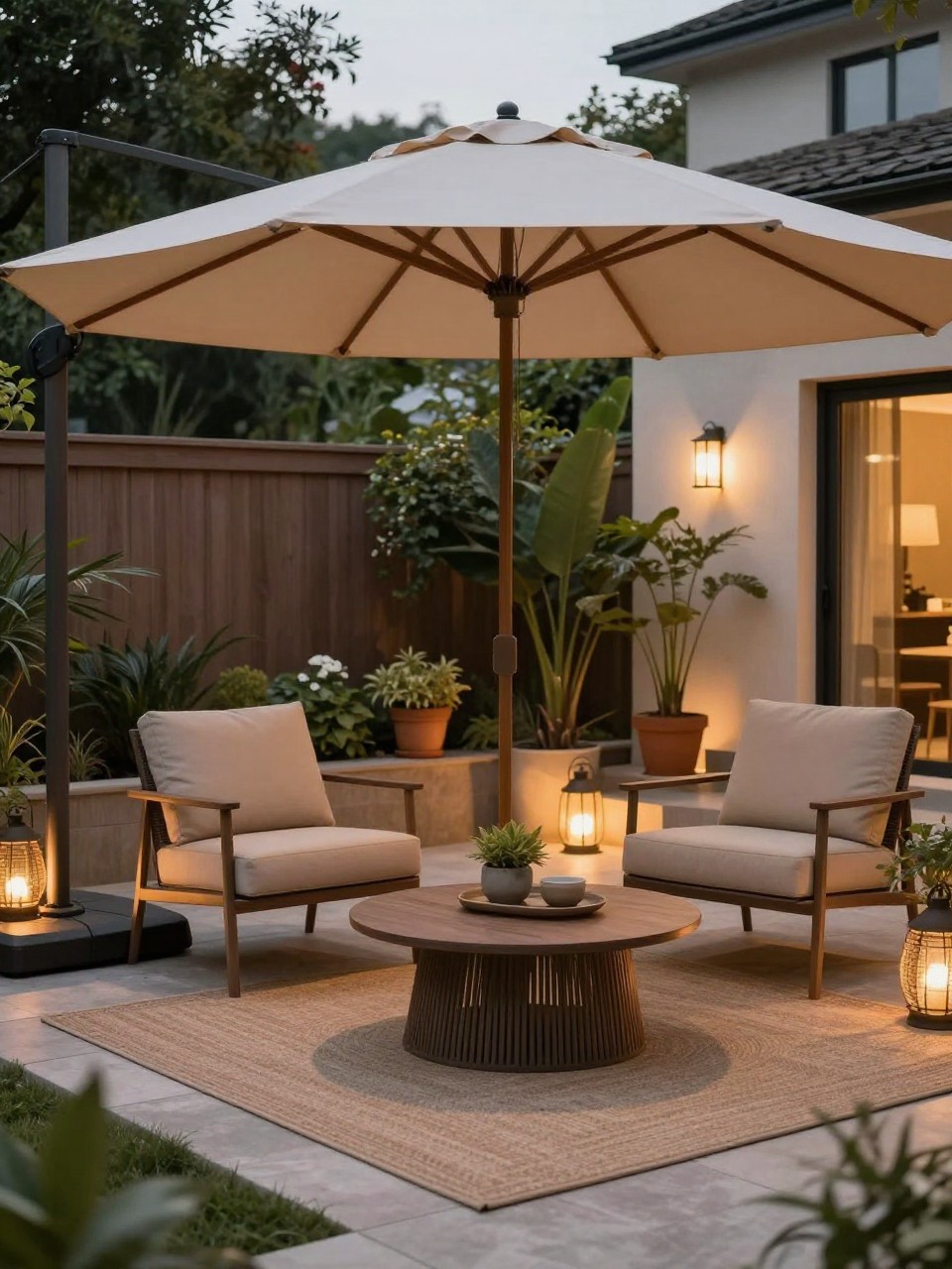 Image Prompt: A cozy backyard patio with a beige patio umbrella over a small lounge setup, outdoor rug, two cushioned chairs, round coffee table, layered potted plants, lanterns, warm evening light, stylish home patio retreat, no people, realistic DSLR editorial photo, high detail, no text, no watermarks on images.