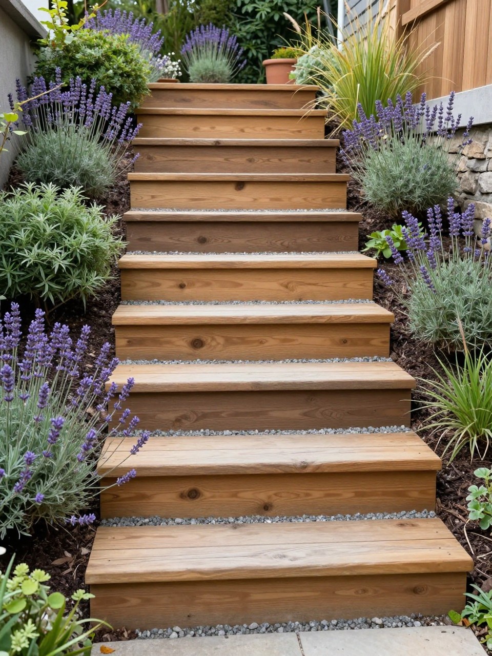 Image Prompt: A creative slanted backyard with wide timber steps built into the slope, gravel between each step, soft planting on both sides, lavender, small shrubs, ornamental grasses, warm rustic-modern garden style, realistic DSLR photo quality, no people, no watermarks on images.