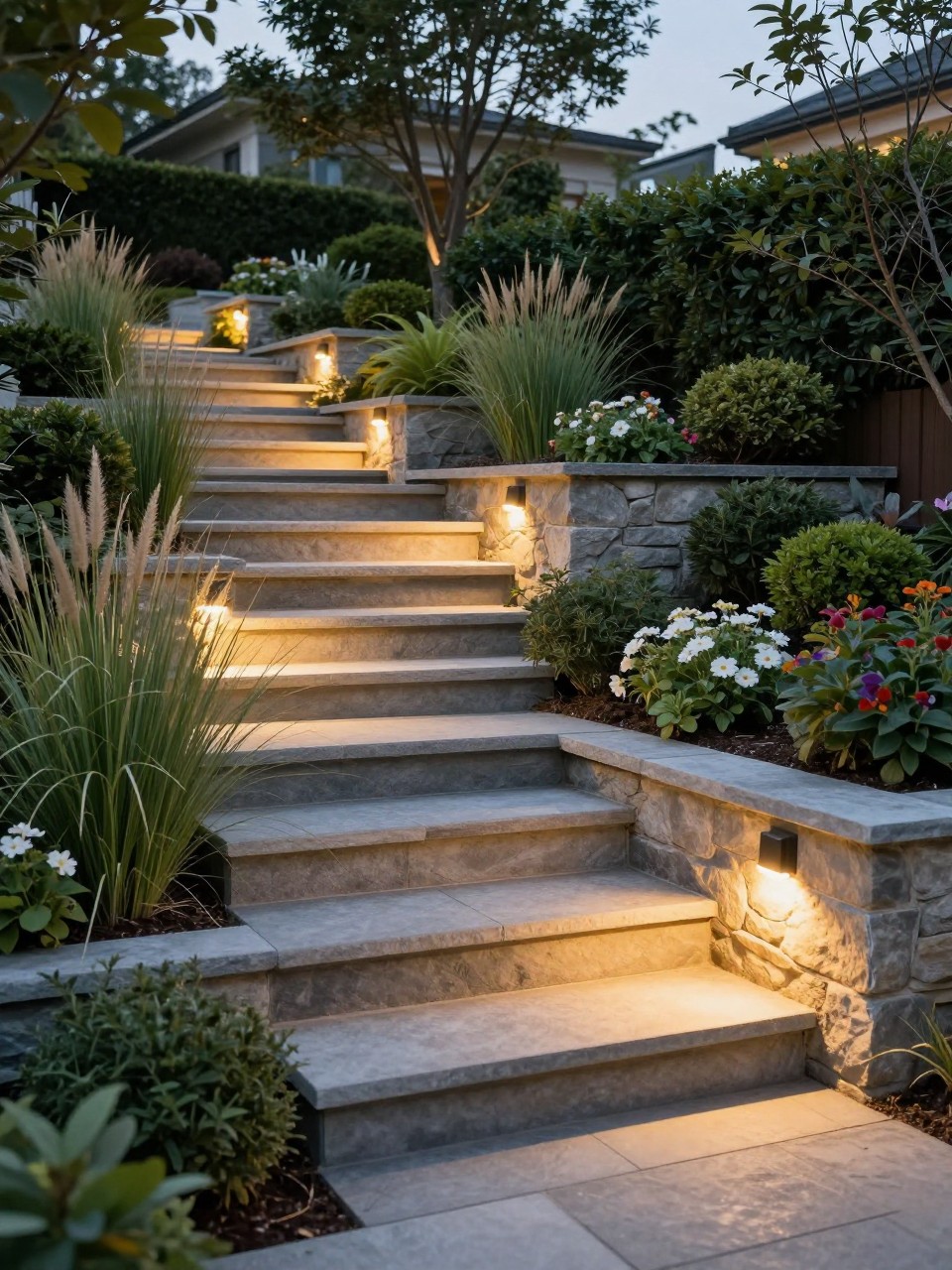 Image Prompt: A stunning slanted backyard with tiered planting, stone steps, soft path lighting, ornamental grasses, shrubs, flowers, warm evening glow, elegant premium hillside landscape design, realistic DSLR photo quality, no people, no watermarks on images.