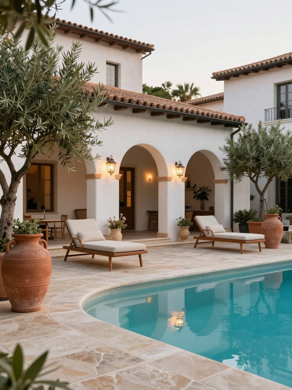 Image Prompt: A stunning Italian-inspired poolside patio with warm stone flooring, large clay urn planters, olive trees, simple cushioned lounge chairs, white stucco walls, soft lantern lighting, elegant Mediterranean villa mood, no people, realistic DSLR editorial photo, no text, no watermarks on images.