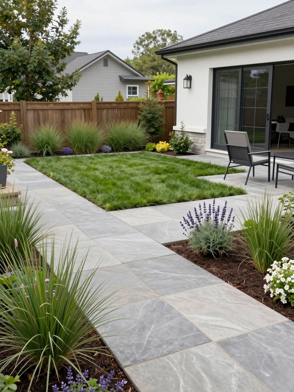 Image Prompt: A stylish no grass backyard with large stone pavers, slim planting borders filled with ornamental grasses, lavender, low shrubs, modern outdoor chairs, clean home exterior, premium low-maintenance landscaping, realistic DSLR photo quality, no people, no watermarks on images.