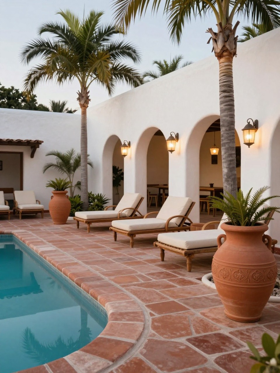 Image Prompt: A stunning Mexican-style poolside patio with terracotta pavers, large clay urn planters, palm trees, rustic lounge chairs with cream cushions, white stucco walls, soft outdoor lanterns, warm resort-like backyard atmosphere, no people, realistic editorial outdoor photo, no text, (no watermarks on images)