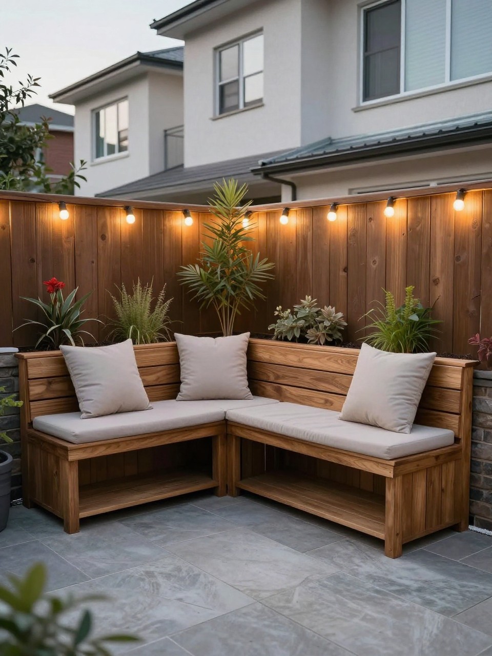 Image Prompt: A compact townhome backyard with built-in wooden bench seating and hidden storage, neutral outdoor cushions, raised planter behind the bench, stone patio floor, warm string lights, stylish small backyard layout, realistic DSLR photo quality, no people, no watermarks on images.