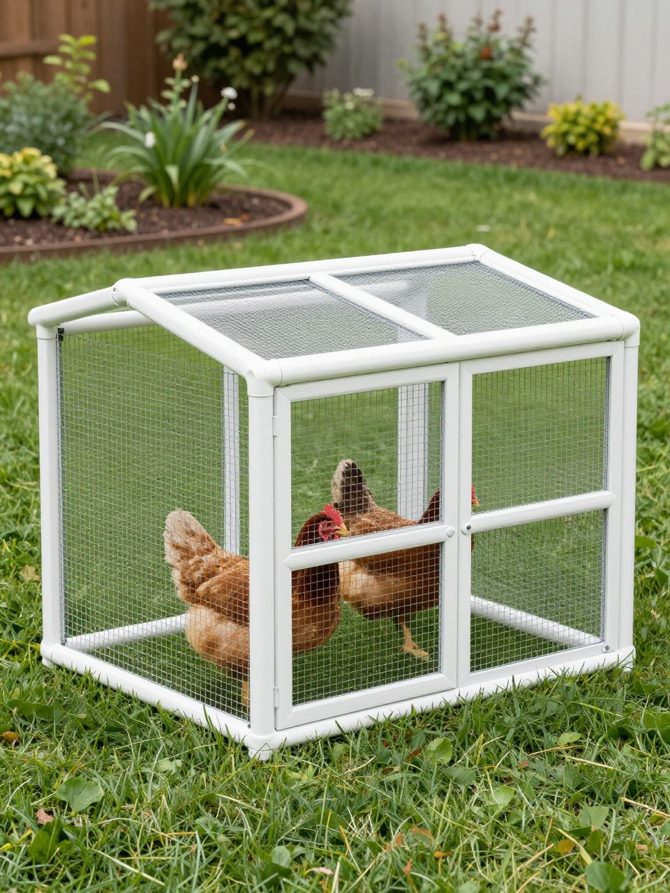 A realistic lightweight moveable chicken coop made with white PVC pipe framing, secure wire mesh panels, small covered tarp shelter at one end, hens inside on fresh grass, simple rectangular shape, easy pull design, backyard lawn with garden beds and shrubs nearby, clean low-cost DIY style, bright daytime lighting, no people, no text, (no watermarks on images).