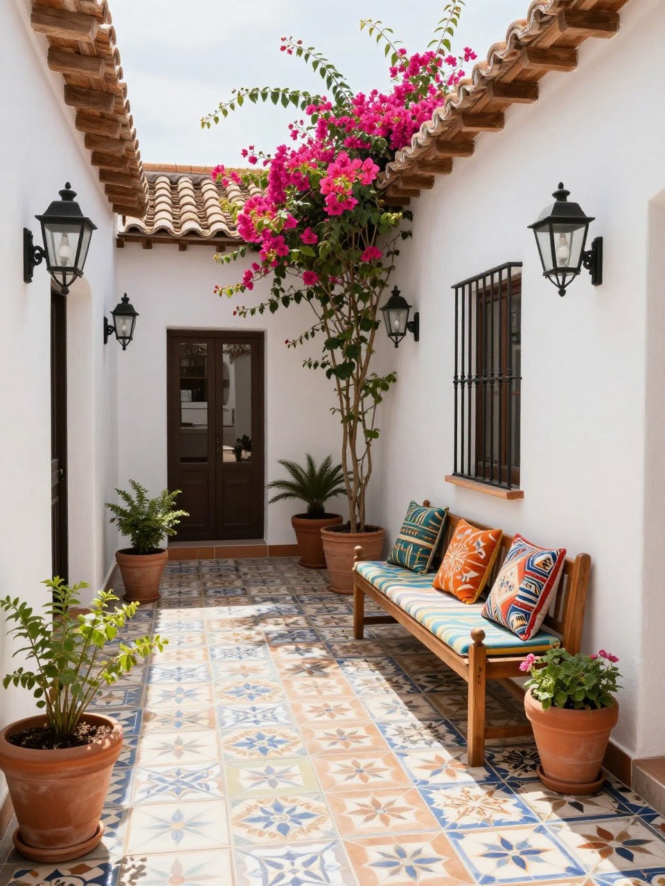 Image Prompt: A stylish Spanish-inspired European patio with patterned ceramic tile flooring, white stucco walls, black iron lanterns, wooden bench with colorful cushions, terracotta pots, climbing bougainvillea, bright sunny courtyard atmosphere, no people, realistic DSLR photo, no text, no watermarks on images.