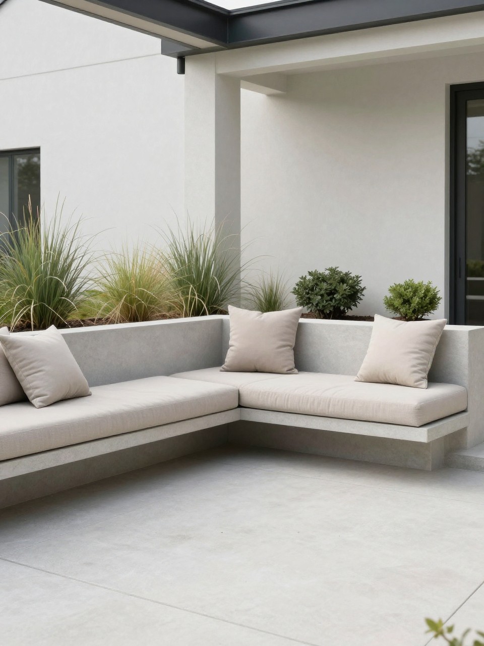 Image Prompt: A modern minimal back porch patio with built-in bench seating, smooth concrete floor, soft neutral cushions, built-in planter bed with grasses and small shrubs, clean home exterior, premium and uncluttered outdoor design, realistic DSLR photo quality, no people, no watermarks on images.