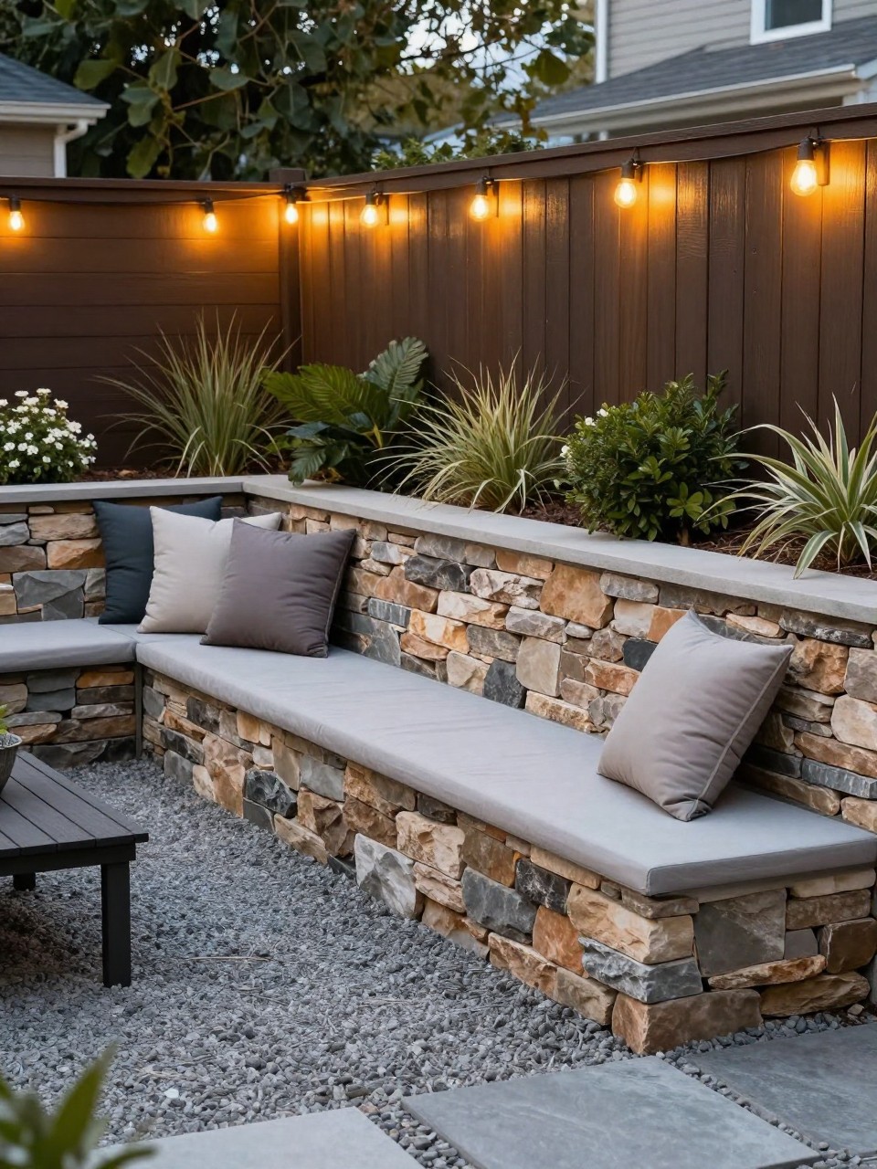 Image Prompt: A stylish slanted backyard with a low retaining wall used as built-in bench seating, stone wall, outdoor cushions, gravel patio, raised planting behind, warm string lights, cozy modern backyard design, realistic DSLR photo quality, no people, no watermarks on images.