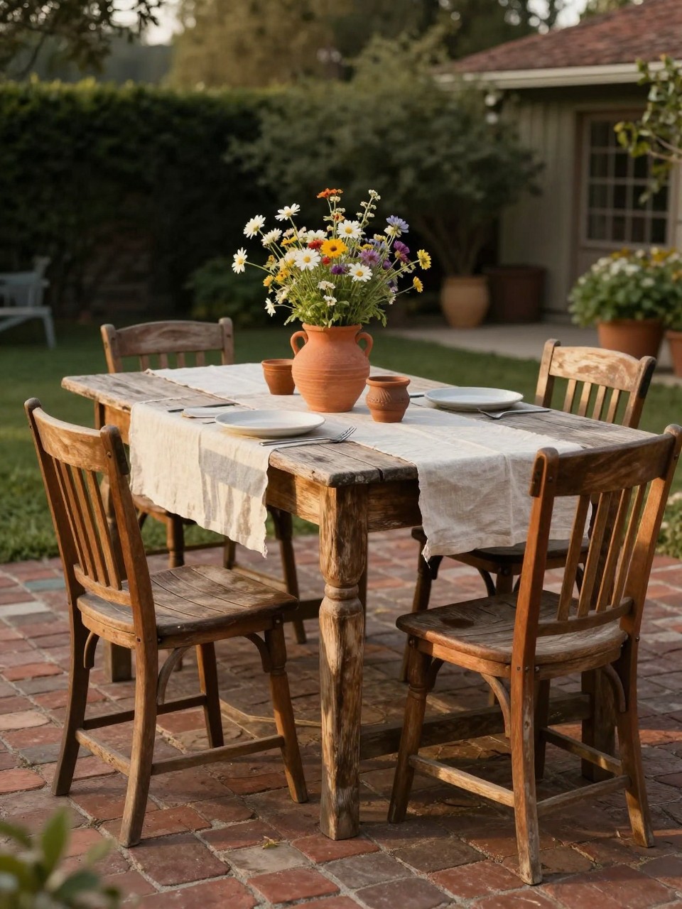 Image Prompt: A vintage backyard patio with a weathered wooden dining table, mismatched wooden chairs, linen table runner, old clay pots, simple wildflower centerpiece, brick patio floor, warm golden hour lighting, relaxed rustic outdoor dining setting, no people, realistic DSLR photo, no text, no watermarks on images.