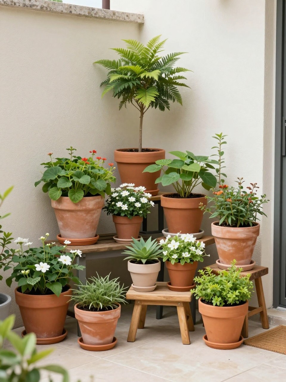 Image Prompt: A tiny townhouse patio corner filled with layered potted plants in different heights, terracotta pots, ceramic planters, leafy plants, flowers, and trailing greenery, small wooden stool, light paver floor, cozy garden corner feeling, no people, realistic DSLR photo, no text, no watermarks on images.