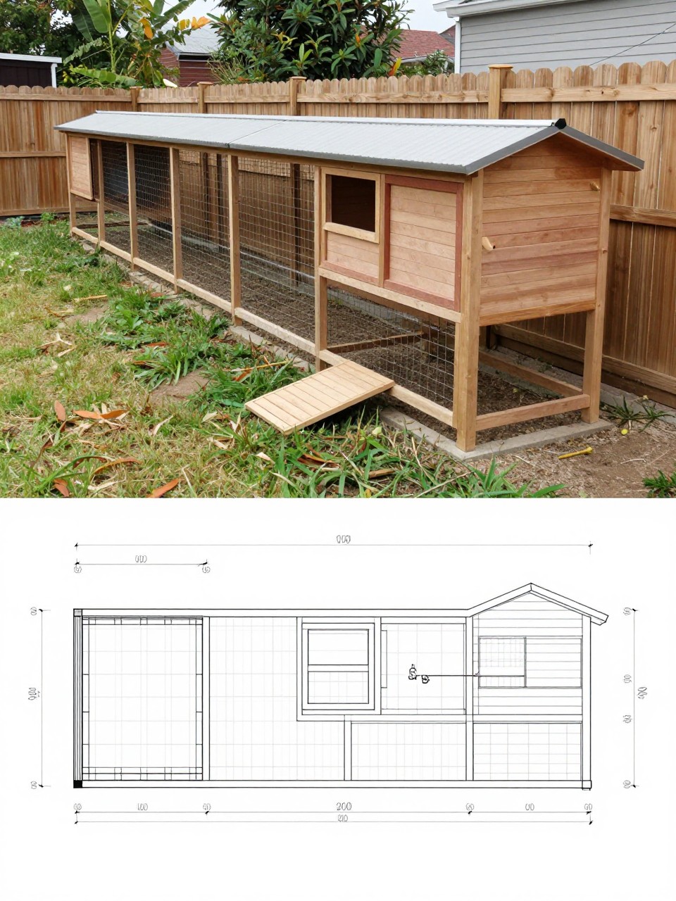 Image Prompt: A vertical 2-collage image. The top half shows a realistic long narrow chicken coop built along a backyard fence, with a slim wooden coop house, a stretched wire run, small ramp, and a tidy path beside it. The bottom half shows the matching coop plan with narrow footprint measurements, run length, coop placement, and simple build diagrams in a clear blueprint style. The plan should match the photo above. Realistic, practical, no people, no watermark.