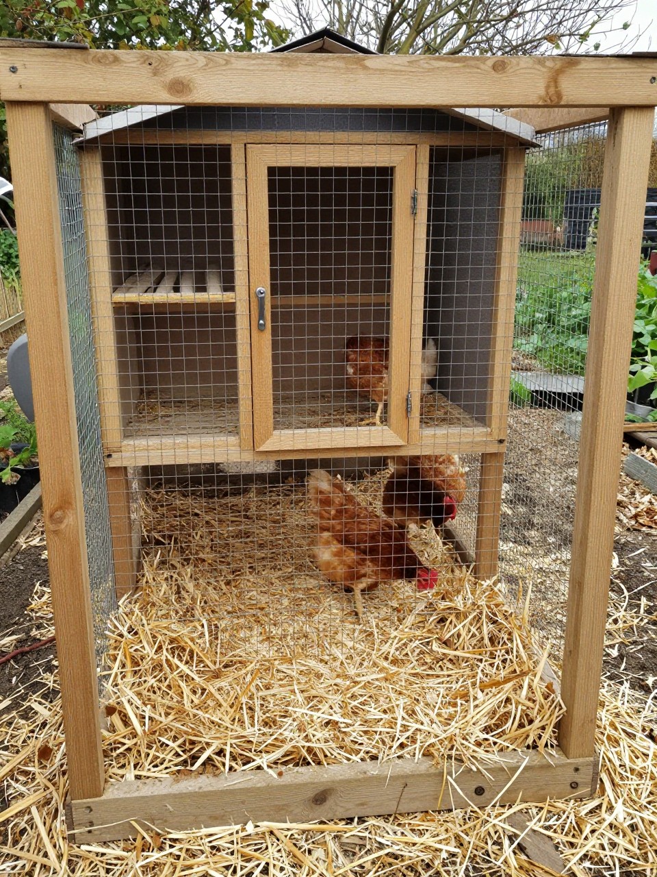 Image Prompt: A practical walk in chicken coop with a deep litter floor, tall wooden frame, covered wire run, thick layer of clean straw and wood shavings on the ground, enclosed hen house at the back, roosting bars visible through the open door, chickens scratching inside, backyard garden setting, natural wood and simple hardware, realistic homestead photo, no people, no text, no watermark.
