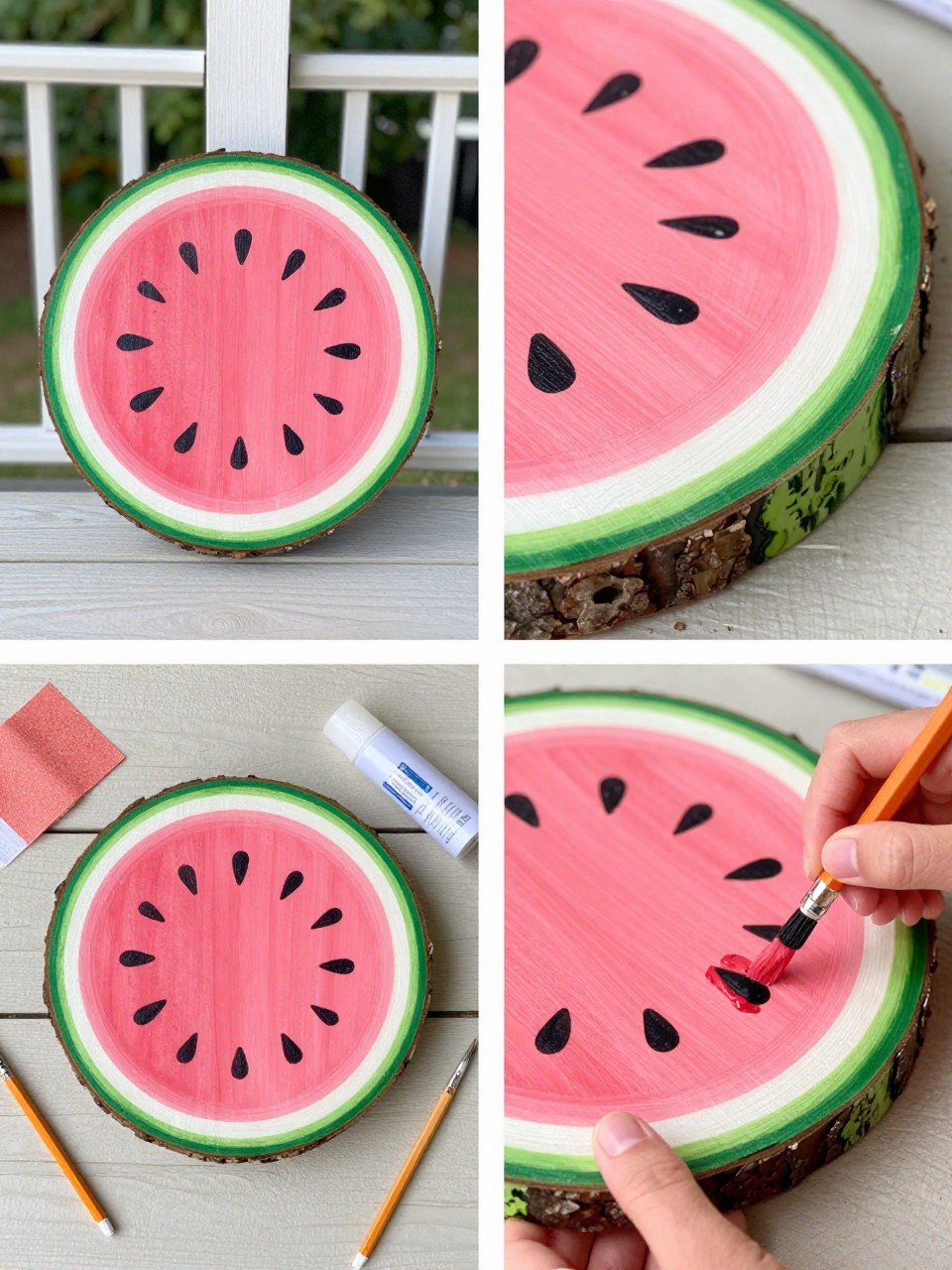 A realistic editorial 2x2 collage grid showing a DIY watermelon wood slice summer sign, top-left finished round wood slice painted like a watermelon slice on a porch table, top-right close-up of pink fruit paint, green rind, white stripe, black seed details, and bark edge, bottom-left flat lay of wood slice, pink, green, white, and black paint, brushes, pencil, sandpaper, and clear sealer, bottom-right cropped hands painting black watermelon seeds onto the wood slice, playful summer craft styling, no faces, no text, no watermark on images.