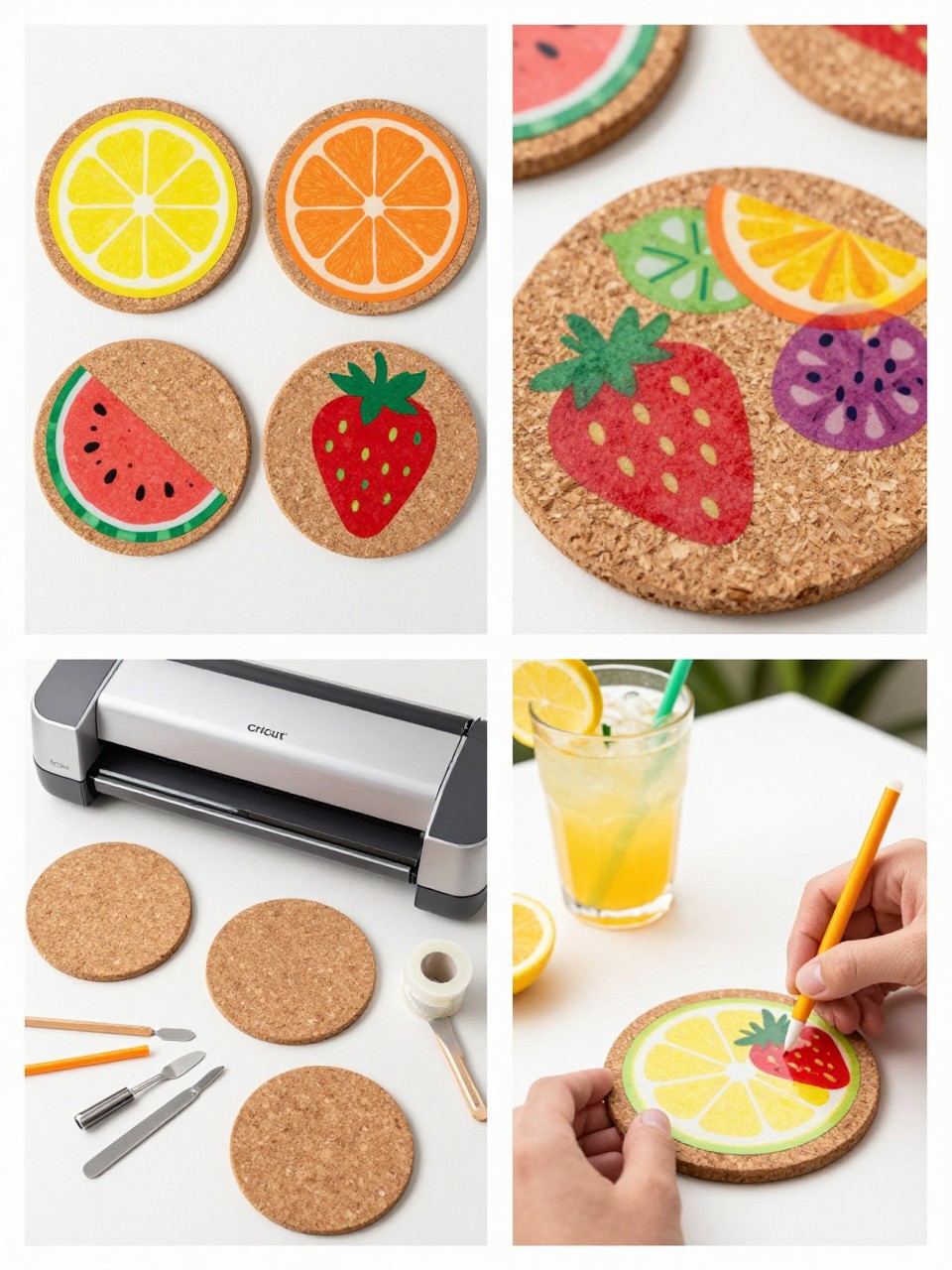 A realistic editorial 2x2 collage grid showing a Cricut summer fruit coaster set, top-left finished round cork coasters with vinyl lemon, orange, watermelon, and strawberry designs, top-right close-up of colorful vinyl on cork texture, bottom-left flat lay of blank cork coasters, permanent vinyl, transfer tape, Cricut machine, weeding tool, scraper, and sealer, bottom-right cropped hands applying a fruit vinyl decal to a coaster, bright patio drink craft styling, no faces, no text, no watermark on images.