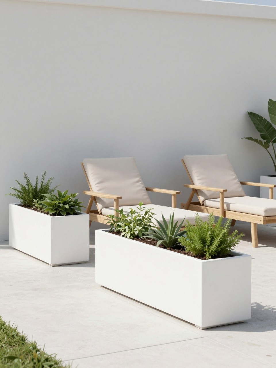 Image Prompt: A clean modern patio with matching white planters filled with simple green plants, light wood lounge chairs, beige cushions, pale concrete floor, soft gray exterior wall, calm minimal outdoor design, bright natural light, no people, realistic DSLR image, no text, no watermarks on images.