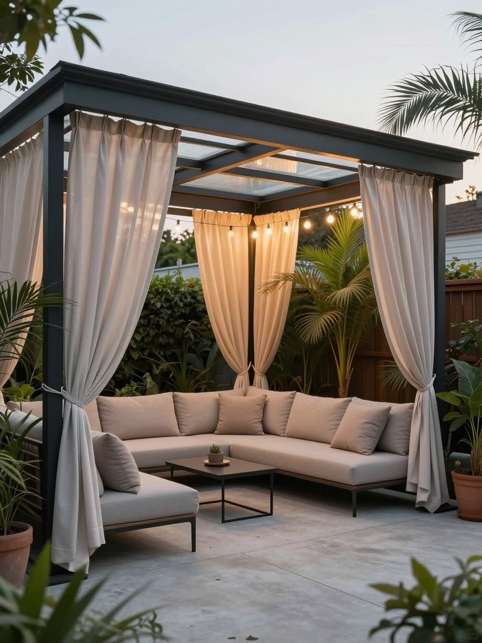 Image Prompt: A modern patio roof extension with soft outdoor curtains hung between slim posts, cozy sectional sofa, neutral cushions, concrete floor, potted palms, warm string lights, private backyard lounge setting, no people, realistic editorial garden photo, no text, no watermarks on images.