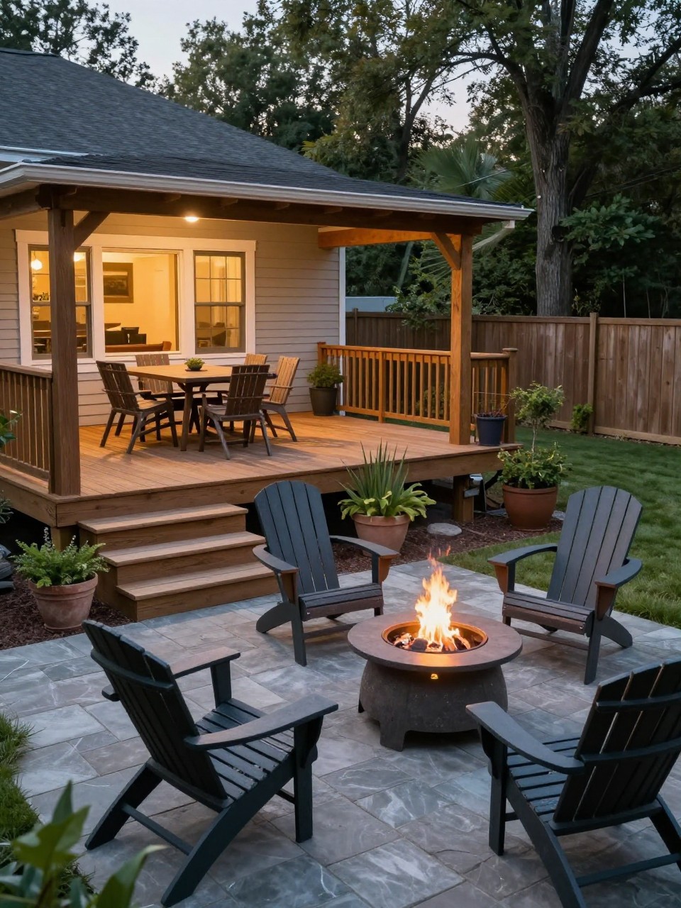 Image Prompt: A backyard deck patio combo with a wooden deck dining area near the house and a lower stone patio with a round fire pit, Adirondack chairs around the fire pit, steps connecting both spaces, potted plants, soft evening glow, cozy layered backyard design, no people, realistic DSLR photo, no text, no watermarks on images.