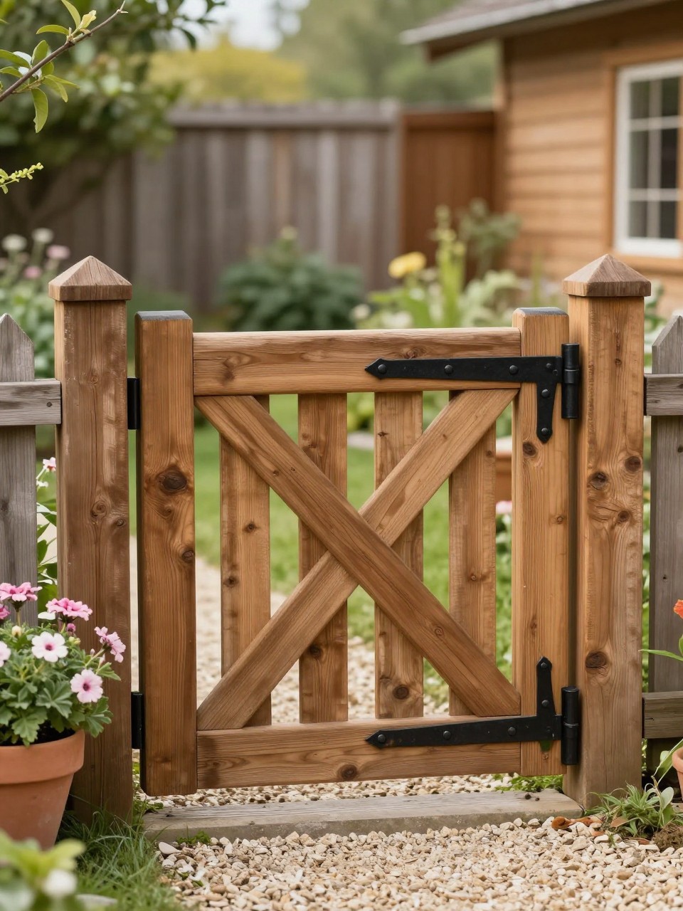 Image Prompt: A rustic farmhouse backyard gate made from weathered wood, black metal hinges and latch, gravel path, potted flowers, simple wooden fence, warm country garden setting, cozy and charming outdoor design, realistic DSLR photo quality, no people, no watermarks on images.
