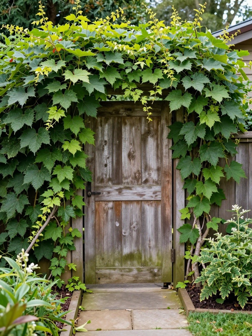 Image Prompt: A secret backyard gate partly covered with climbing vines and leafy greenery, weathered wood gate, narrow stone path, lush garden borders, hidden garden entrance feel, romantic and natural outdoor styling, realistic DSLR photo quality, no people, no watermarks on images.