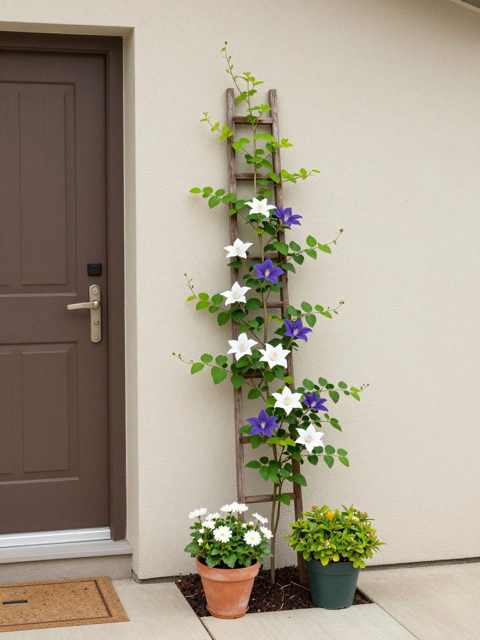 Image Prompt: A tiny front garden with a slim vertical trellis beside the front door, climbing jasmine or clematis, small flower pots below, neutral home wall, romantic space-saving garden design, realistic DSLR photo quality, no people, no watermarks on images.