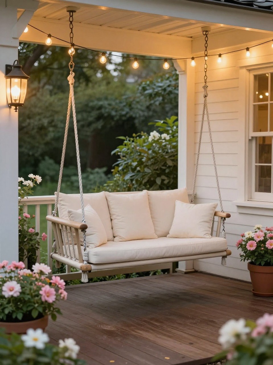 Image Prompt: A charming back porch patio with a hanging porch swing, cream cushions, soft pink and white flowers in pots, wooden porch floor, warm string lights, cozy and romantic garden patio setting, realistic DSLR photo quality, no people, no watermarks on images.