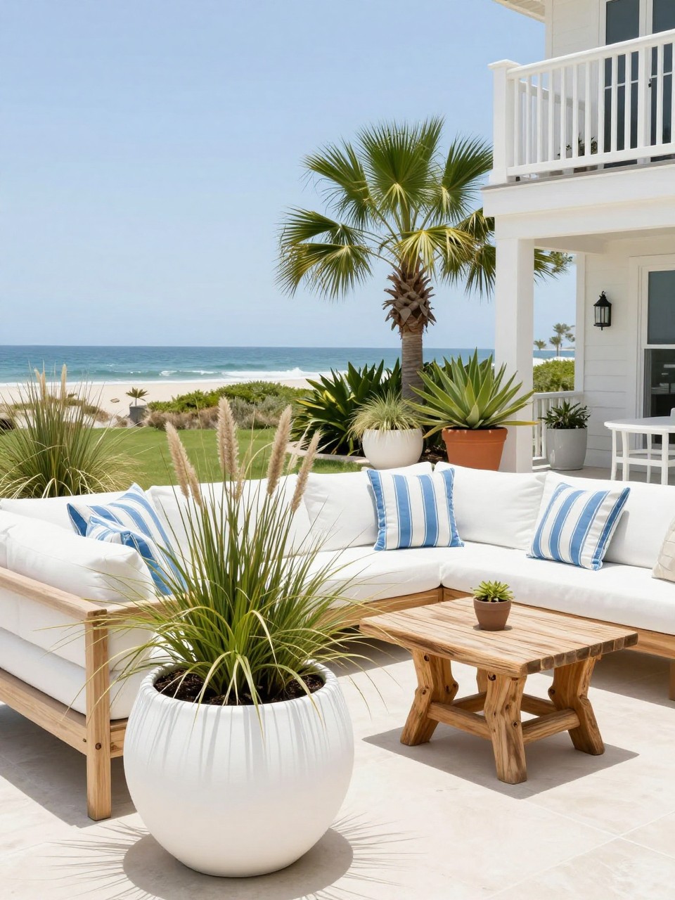 Image Prompt: A fresh coastal patio with oversized white and terracotta planters filled with potted palms and ornamental grasses, white outdoor sectional, driftwood side table, blue striped accent pillows, bright beach-house style backyard, no people, realistic DSLR photo, no text, (no watermarks on images)