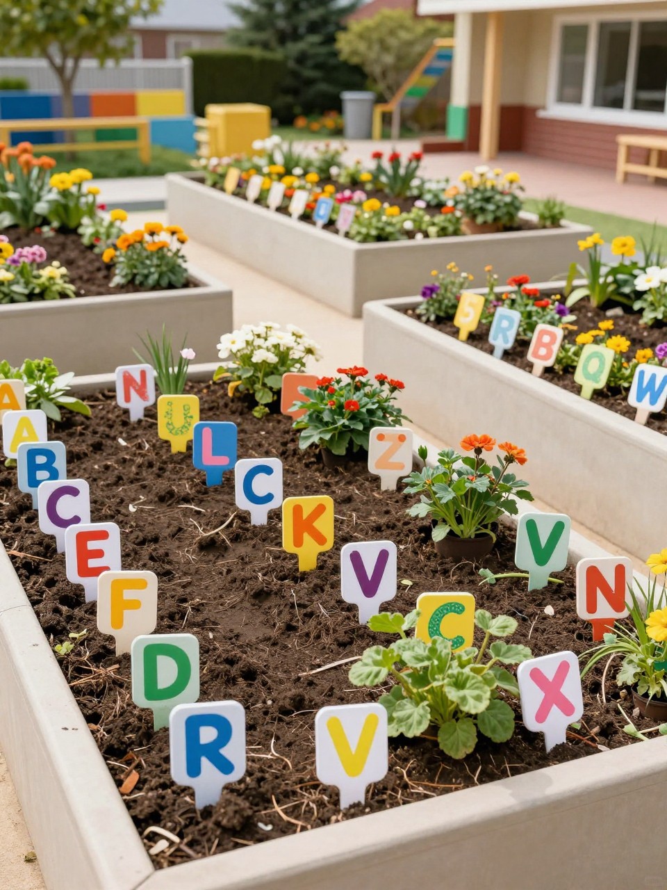 Image Prompt: A bright school alphabet garden with planting sections or signs for letters A to Z, child-friendly flowers and vegetables, colorful educational markers, neat school garden layout, fun and engaging outdoor learning space, realistic DSLR photo quality, no watermarks on images.