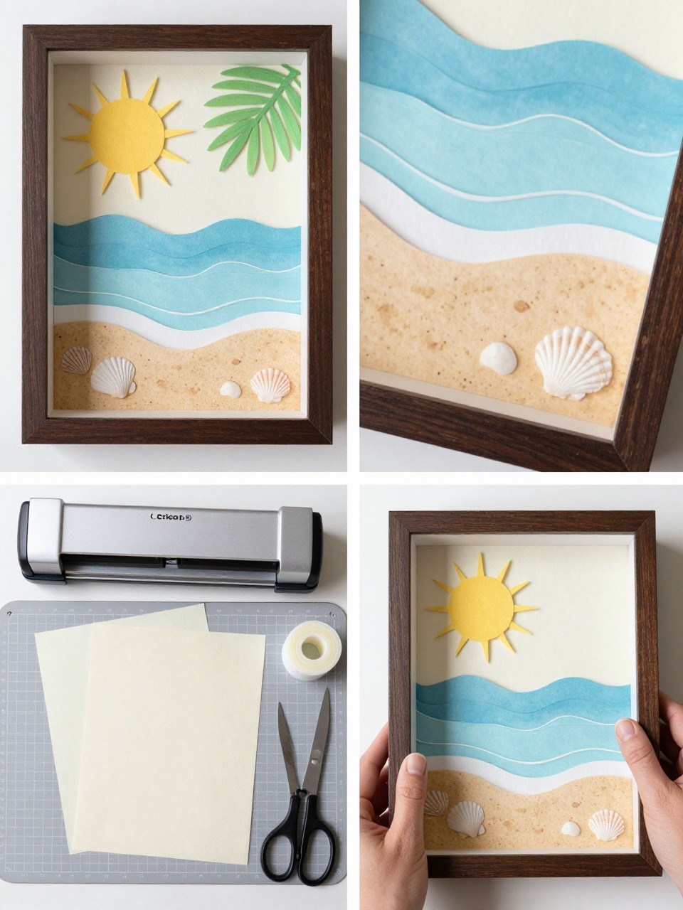 A realistic editorial 2x2 collage grid showing a layered cardstock summer shadow box, top-left finished shadow box with layered paper beach scene, sun, waves, palm leaves, shells, and sand-colored background, top-right close-up of layered cardstock depth and clean cut edges, bottom-left flat lay of cardstock sheets, Cricut machine, LightGrip mat, foam tape, shadow box frame, scraper, and scissors, bottom-right cropped hands placing a cardstock wave layer into the frame, polished summer home decor craft setting, no faces, no text, no watermark on images.