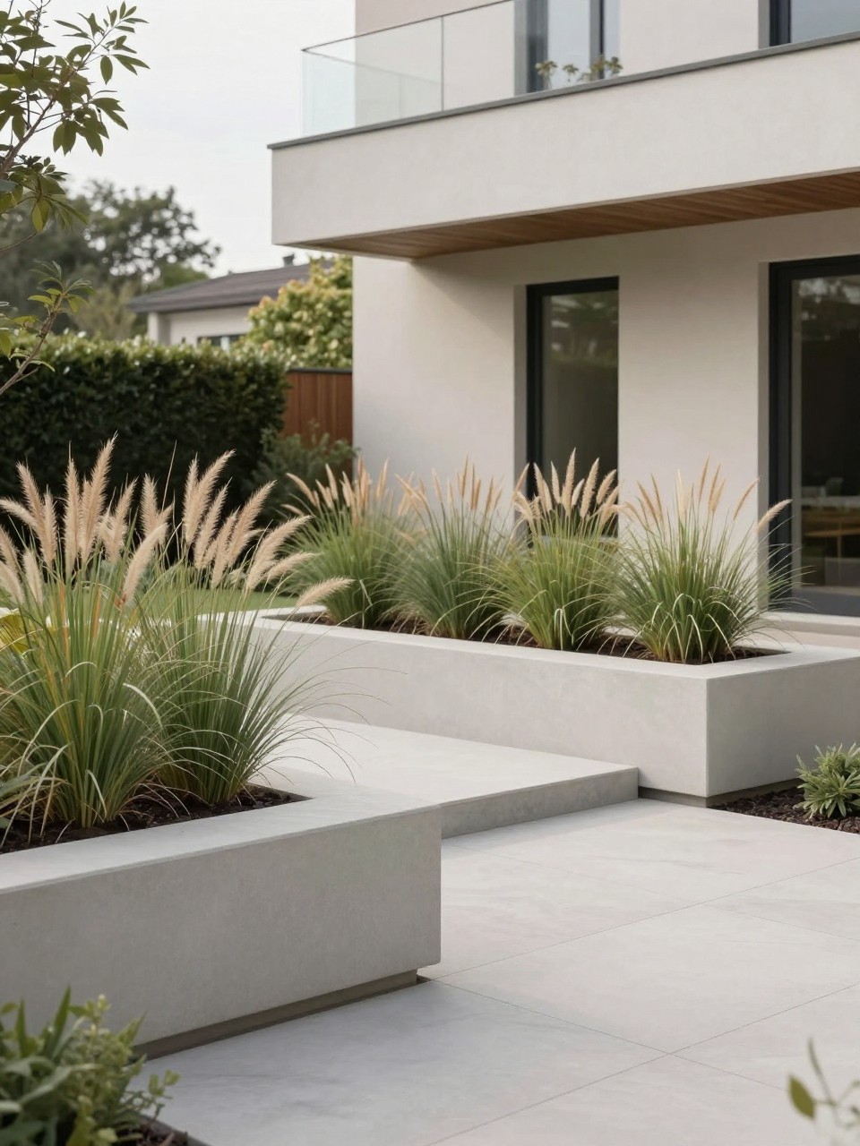 Image Prompt: A premium modern home garden with minimal concrete planters filled with ornamental grasses, sleek patio design, soft neutral exterior, architectural landscaping, high-end and trend-aware outdoor styling, realistic DSLR photo quality, no people, no watermarks on images.